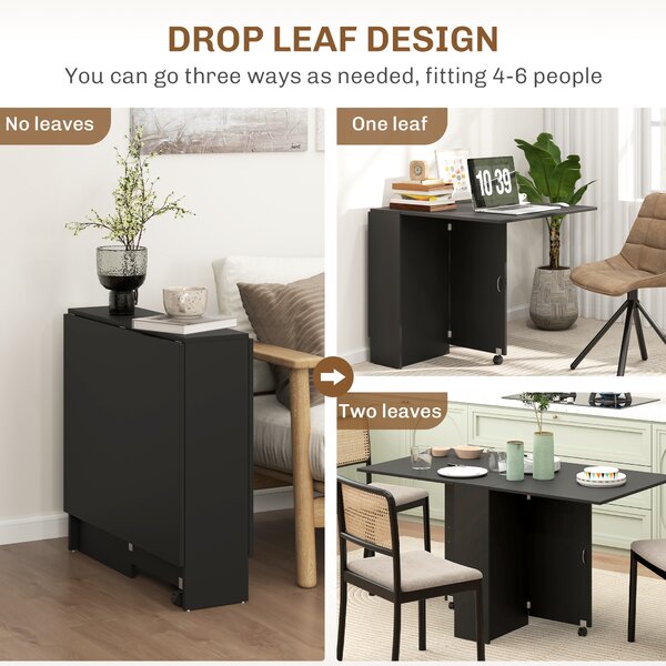 HOMCOM Folding Kitchen Table, Extendable Drop Leaf Dining Table with 2-tier Shelves, Small Dinner Table with Rolling Casters, Black Aosom UK