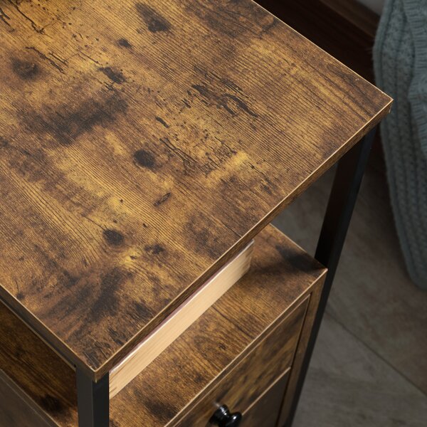 HOMCOM Side Table with 2 Drawers and Storage Shelf, Narrow End Table Bedside Table with Metal Frame for Small Spaces, Rustic Brown Aosom UK