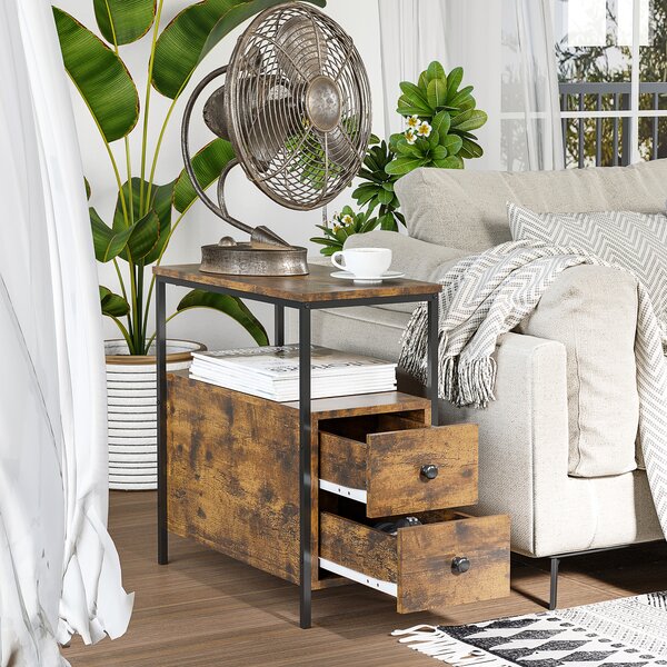 HOMCOM Side Table with 2 Drawers and Storage Shelf, Narrow End Table Bedside Table with Metal Frame for Small Spaces, Rustic Brown Aosom UK