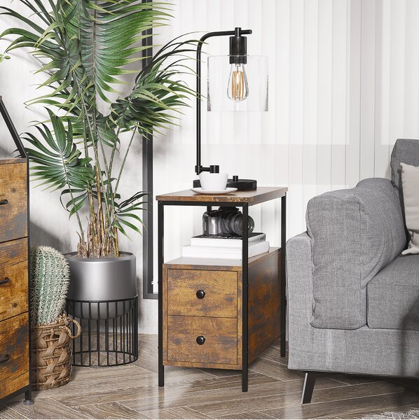 HOMCOM Side Table with 2 Drawers and Storage Shelf, Narrow End Table Bedside Table with Metal Frame for Small Spaces, Rustic Brown Aosom UK