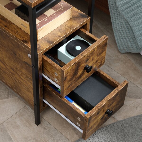 HOMCOM Side Table with 2 Drawers and Storage Shelf, Narrow End Table Bedside Table with Metal Frame for Small Spaces, Rustic Brown Aosom UK