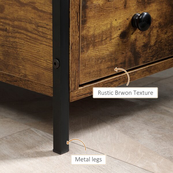 HOMCOM Side Table with 2 Drawers and Storage Shelf, Narrow End Table Bedside Table with Metal Frame for Small Spaces, Rustic Brown Aosom UK
