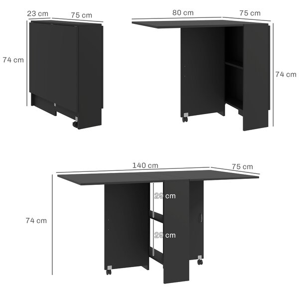HOMCOM Folding Kitchen Table, Extendable Drop Leaf Dining Table with 2-tier Shelves, Small Dinner Table with Rolling Casters, Black Aosom UK