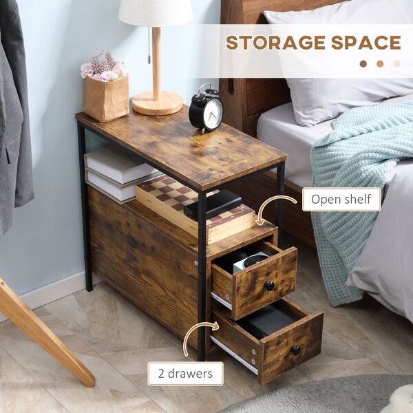 HOMCOM Side Table with 2 Drawers and Storage Shelf, Narrow End Table Bedside Table with Metal Frame for Small Spaces, Rustic Brown Aosom UK