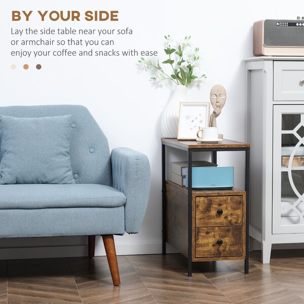 HOMCOM Side Table with 2 Drawers and Storage Shelf, Narrow End Table Bedside Table with Metal Frame for Small Spaces, Rustic Brown Aosom UK
