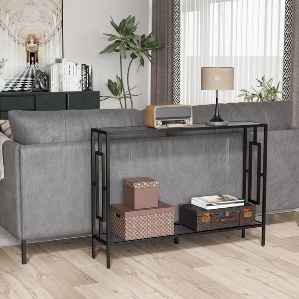 HOMCOM Industrial Console Table with Storage Shelf, Narrow Hallway Dressing Desk with Metal Frame for Living Room, Bedroom, Grey and Black