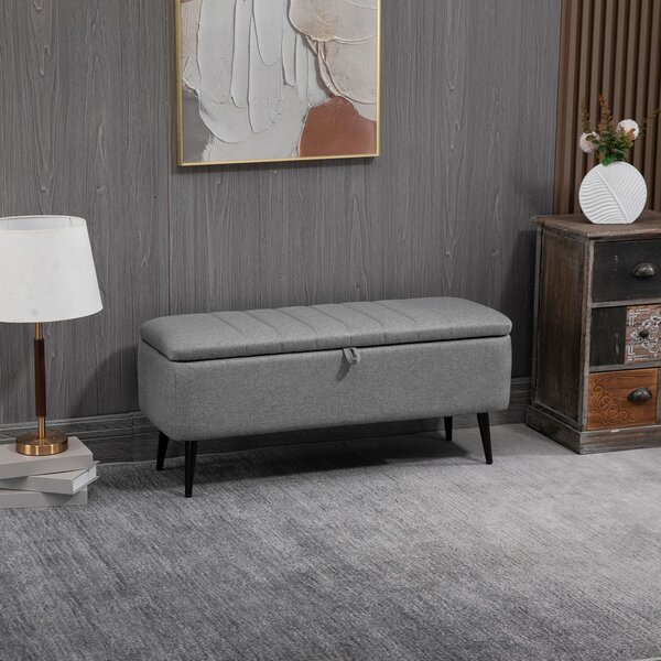 HOMCOM Storage Ottoman with Flip Top, Rectangular Upholstered Bench, Linen Fabric Footstool with Steel Legs for Living Room, Bedroom, Grey Aosom UK