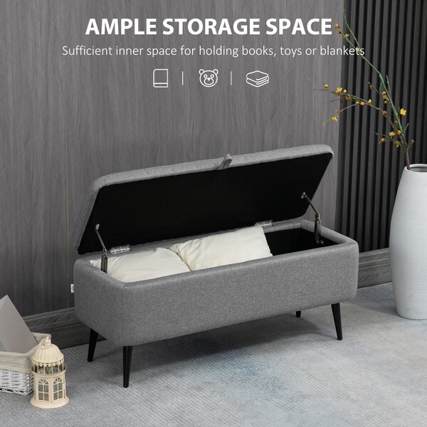 HOMCOM Storage Ottoman with Flip Top, Rectangular Upholstered Bench, Linen Fabric Footstool with Steel Legs for Living Room, Bedroom, Grey Aosom UK