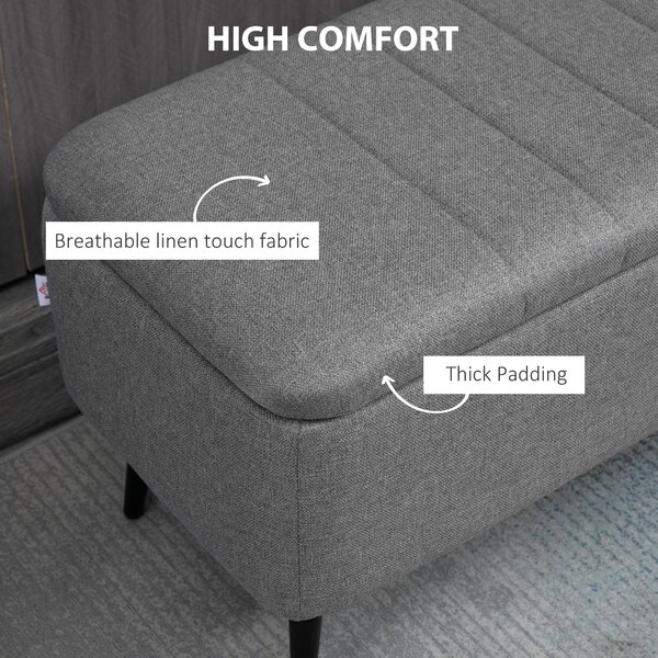 HOMCOM Storage Ottoman with Flip Top, Rectangular Upholstered Bench, Linen Fabric Footstool with Steel Legs for Living Room, Bedroom, Grey Aosom UK