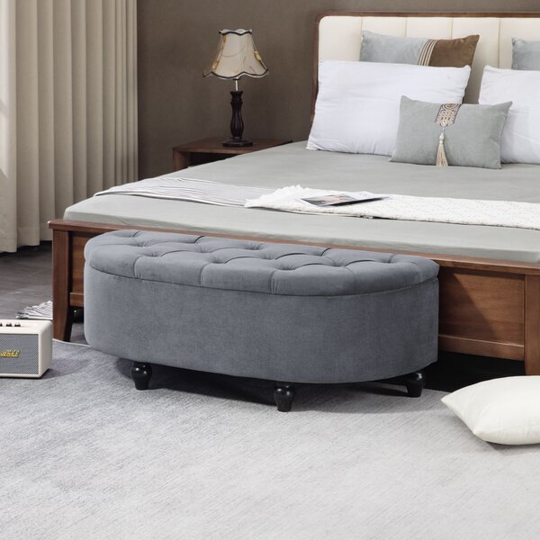 HOMCOM Semi-Circle Bed End Bench Ottoman w/ Storage Tufted Upholstered Accent Seat Footrest Stool w/ Rubberwood Legs for Bedroom & Entryway Aosom UK