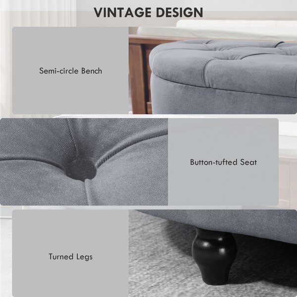 HOMCOM Semi-Circle Bed End Bench Ottoman w/ Storage Tufted Upholstered Accent Seat Footrest Stool w/ Rubberwood Legs for Bedroom & Entryway Aosom UK