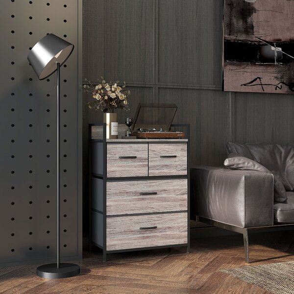 HOMCOM Rustic Chest of Four Fabric Drawers - Grey Wood Effect Aosom UK