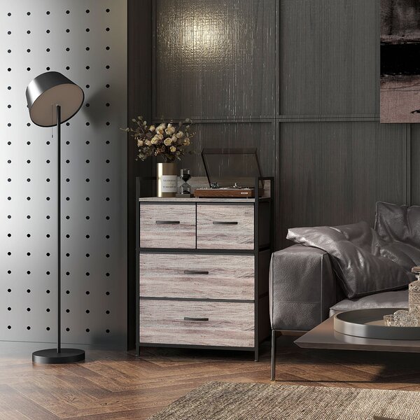 HOMCOM Rustic Chest of Four Fabric Drawers - Grey Wood Effect Aosom UK