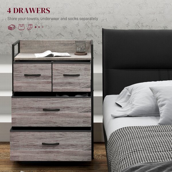 HOMCOM Rustic Chest of Four Fabric Drawers - Grey Wood Effect Aosom UK