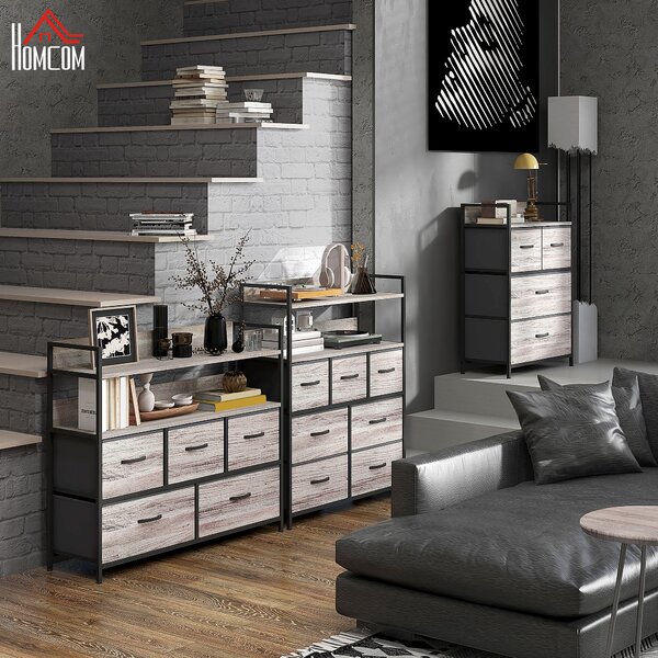 HOMCOM Rustic Chest of Four Fabric Drawers - Grey Wood Effect Aosom UK