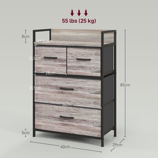 HOMCOM Rustic Chest of Four Fabric Drawers - Grey Wood Effect Aosom UK