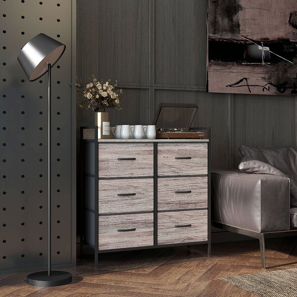 HOMCOM Rustic Chest of Six Fabric Drawers - Grey Wood Effect Aosom UK