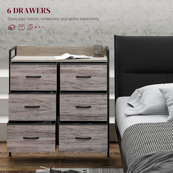 HOMCOM Rustic Chest of Six Fabric Drawers - Grey Wood Effect Aosom UK