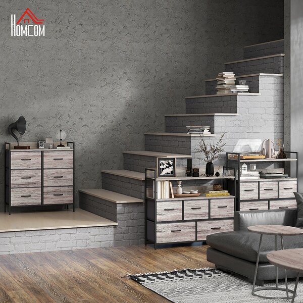 HOMCOM Rustic Chest of Six Fabric Drawers - Grey Wood Effect Aosom UK
