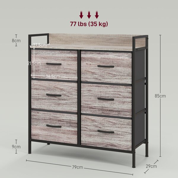 HOMCOM Rustic Chest of Six Fabric Drawers - Grey Wood Effect Aosom UK