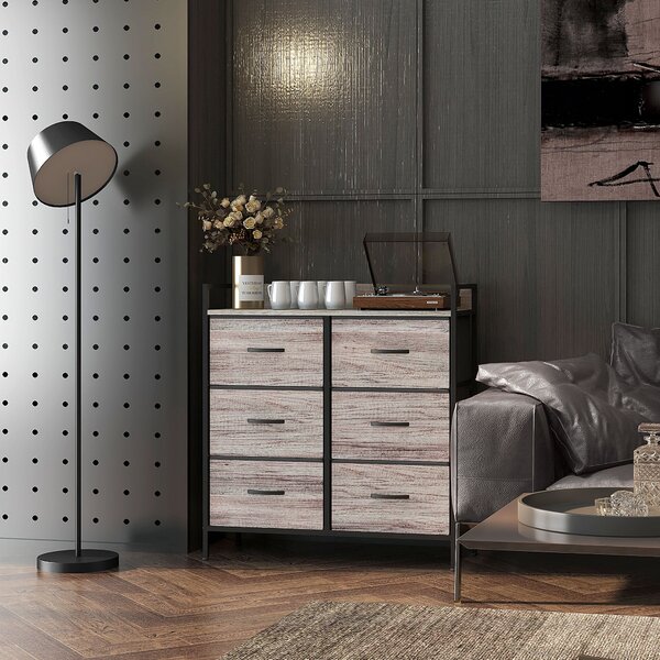 HOMCOM Rustic Chest of Six Fabric Drawers - Grey Wood Effect Aosom UK