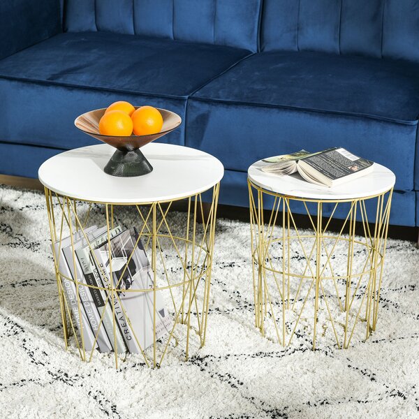 HOMCOM Set of 2 Nesting Side Tables with Storage, Round End Tables Coffee Tables with Steel Frame and Removable Round Top, White Aosom UK