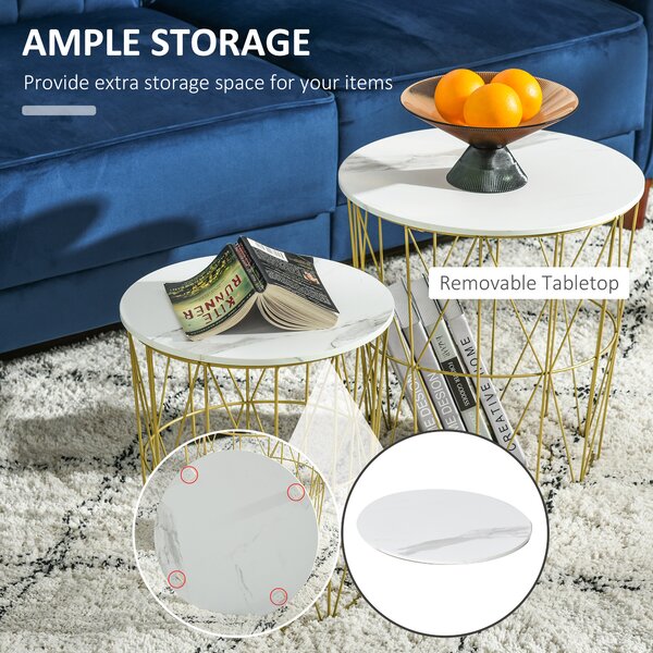 HOMCOM Set of 2 Nesting Side Tables with Storage, Round End Tables Coffee Tables with Steel Frame and Removable Round Top, White Aosom UK