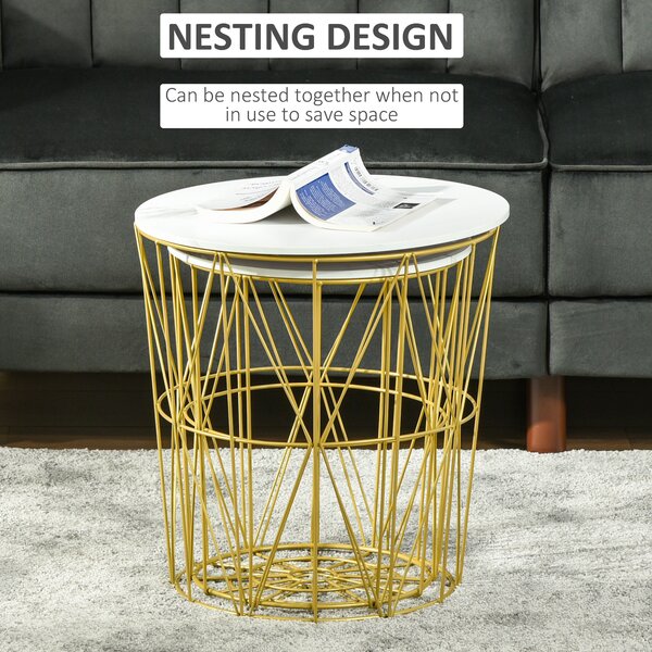 HOMCOM Set of 2 Nesting Side Tables with Storage, Round End Tables Coffee Tables with Steel Frame and Removable Round Top, White Aosom UK