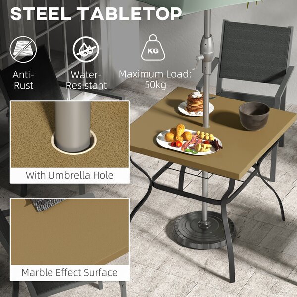 Outsunny Dia. 80cm Square Garden Dining Table with Umbrella Hole, Outdoor Dining Table with Marble Effect Top for 4 People, Black/Brown Aosom UK
