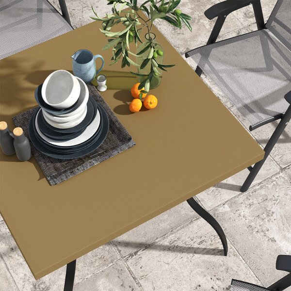 Outsunny Dia. 80cm Square Garden Dining Table with Umbrella Hole, Outdoor Dining Table with Marble Effect Top for 4 People, Black/Brown Aosom UK