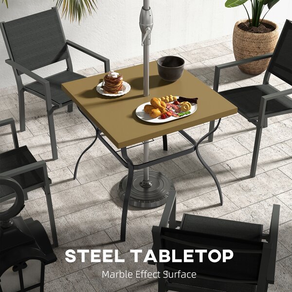 Outsunny Dia. 80cm Square Garden Dining Table with Umbrella Hole, Outdoor Dining Table with Marble Effect Top for 4 People, Black/Brown Aosom UK