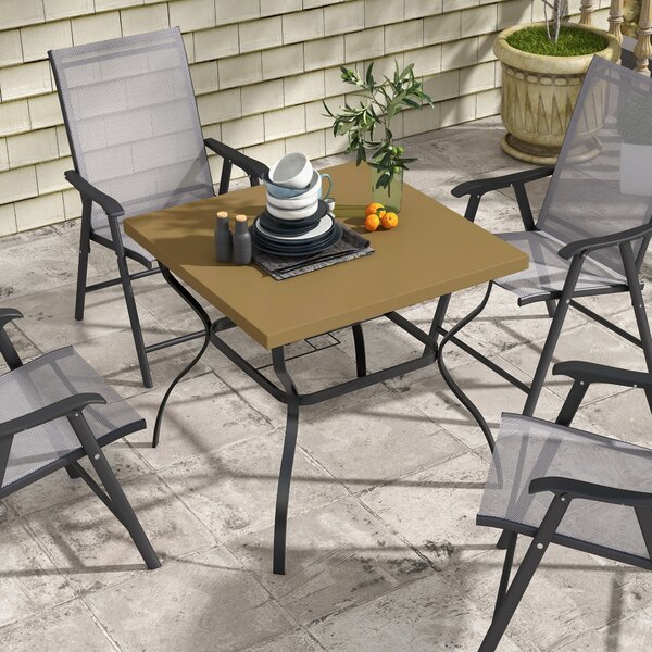 Outsunny Dia. 80cm Square Garden Dining Table with Umbrella Hole, Outdoor Dining Table with Marble Effect Top for 4 People, Black/Brown Aosom UK