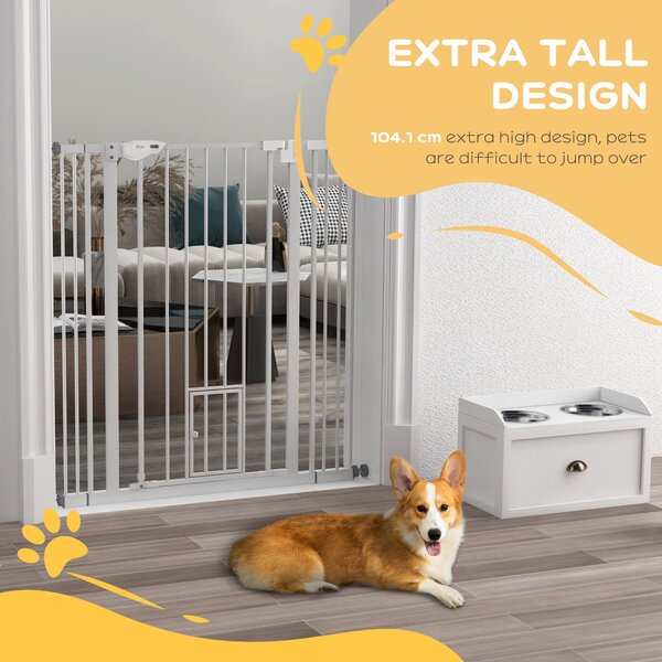 PawHut Extra Tall Pet Gate, Indoor Dog Safety Gate, with Cat Flap, Auto Close, 74-101cm Wide - White Aosom UK