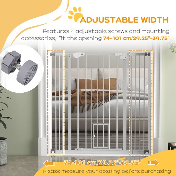 PawHut Extra Tall Pet Gate, Indoor Dog Safety Gate, with Cat Flap, Auto Close, 74-101cm Wide - White Aosom UK