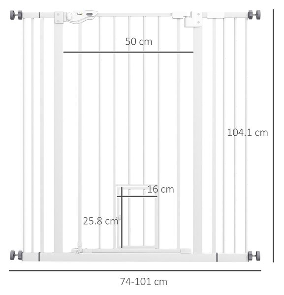 PawHut Extra Tall Pet Gate, Indoor Dog Safety Gate, with Cat Flap, Auto Close, 74-101cm Wide - White Aosom UK