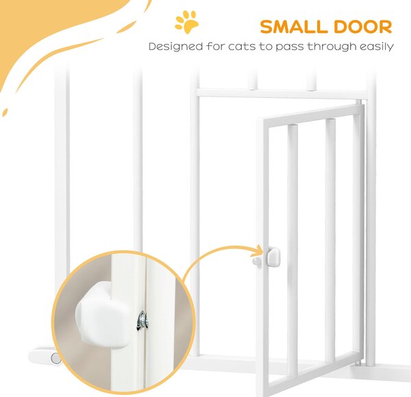PawHut Extra Tall Pet Gate, Indoor Dog Safety Gate, with Cat Flap, Auto Close, 74-101cm Wide - White Aosom UK