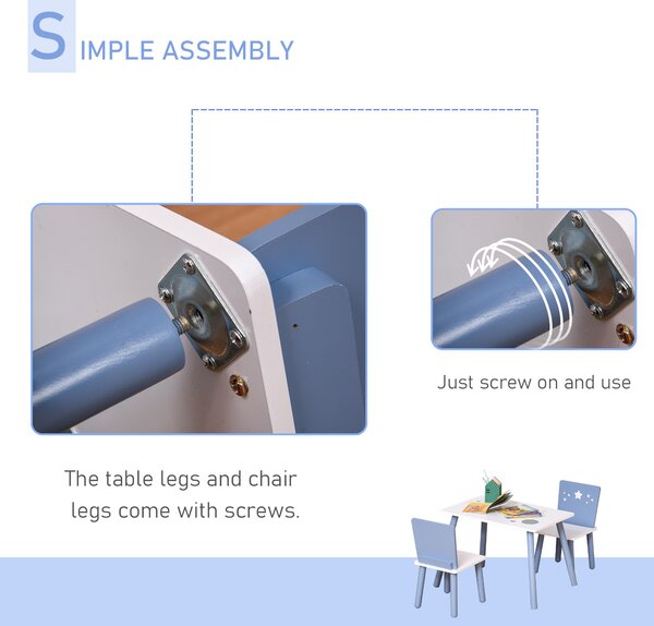 HOMCOM Kids' 3-Piece Furniture Set, Wooden Table and 2 Chairs with Star Design, Easy to Assemble, Blue/White