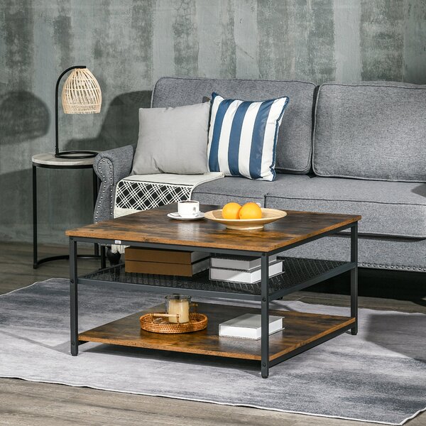 HOMCOM Industrial Coffee Table: Square Cocktail Table with 3-Tier Shelves, Rustic Brown for Living Room Aosom UK