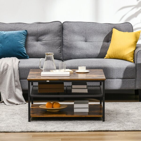 HOMCOM Industrial Coffee Table: Square Cocktail Table with 3-Tier Shelves, Rustic Brown for Living Room Aosom UK