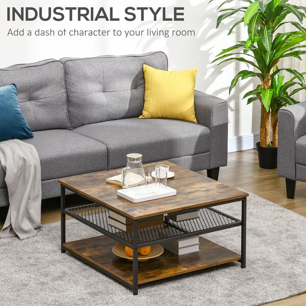 HOMCOM Industrial Coffee Table: Square Cocktail Table with 3-Tier Shelves, Rustic Brown for Living Room Aosom UK