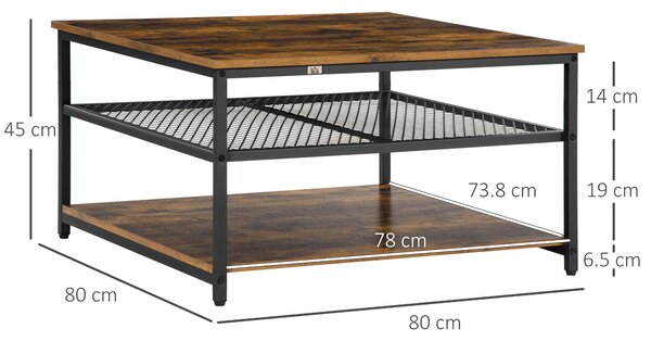 HOMCOM Industrial Coffee Table: Square Cocktail Table with 3-Tier Shelves, Rustic Brown for Living Room Aosom UK