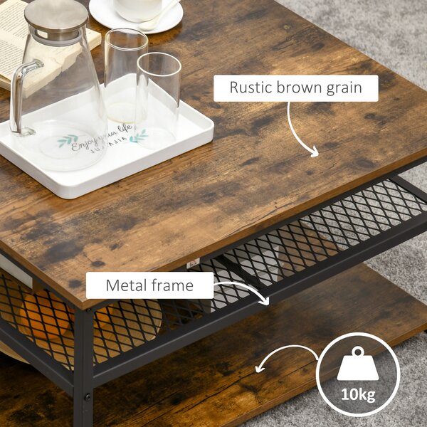 HOMCOM Industrial Coffee Table: Square Cocktail Table with 3-Tier Shelves, Rustic Brown for Living Room Aosom UK