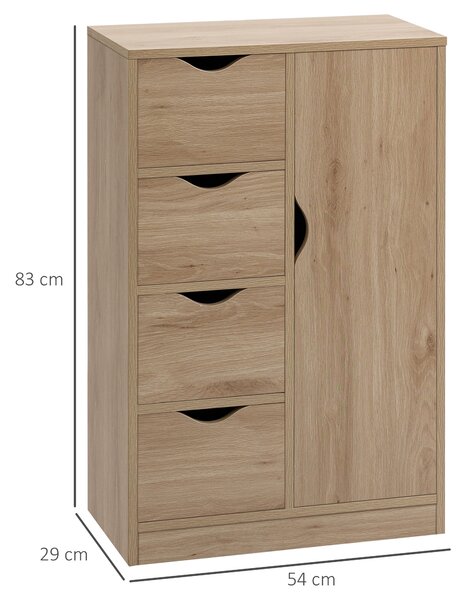 HOMCOM Bathroom Cabinet, Freestanding Storage Cabinet with 4 Drawers, Door Cupboard for Living Room, Kitchen, Bedroom, Natural