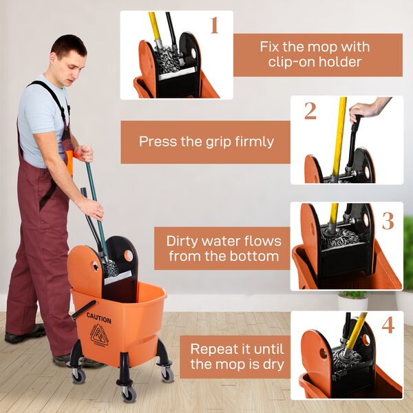 HOMCOM 26L Mop Bucket with Wringer, Mop Bucket on Wheels with Carry Handle, Mop Holder, Plastic Body for Household, Orange Aosom UK