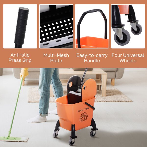 HOMCOM 26L Mop Bucket with Wringer, Mop Bucket on Wheels with Carry Handle, Mop Holder, Plastic Body for Household, Orange Aosom UK