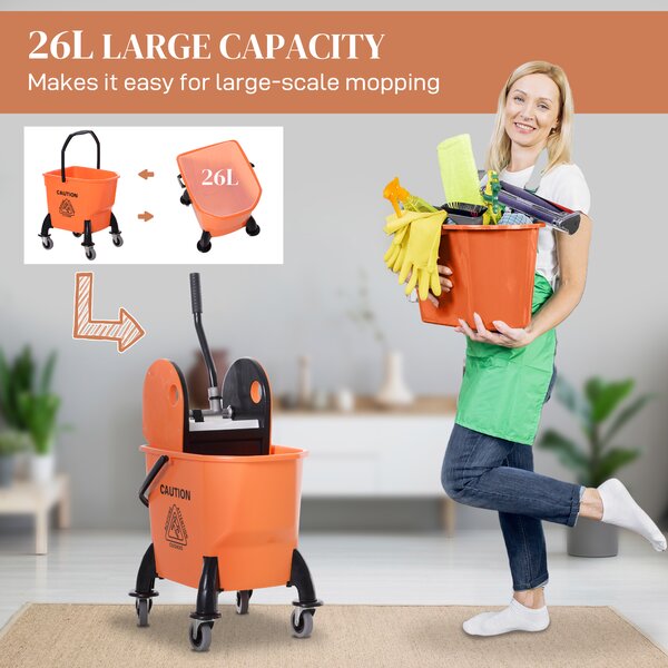 HOMCOM 26L Mop Bucket with Wringer, Mop Bucket on Wheels with Carry Handle, Mop Holder, Plastic Body for Household, Orange Aosom UK