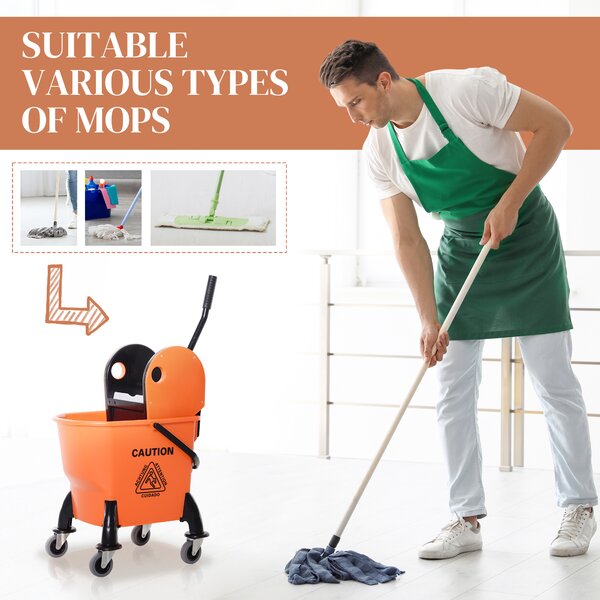 HOMCOM 26L Mop Bucket with Wringer, Mop Bucket on Wheels with Carry Handle, Mop Holder, Plastic Body for Household, Orange Aosom UK