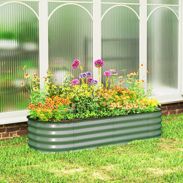 Outsunny Galvanised Raised Garden Bed, Metal Planter Box with Safety Edging, for Flowers, Herbs, Succulents, Green Aosom UK