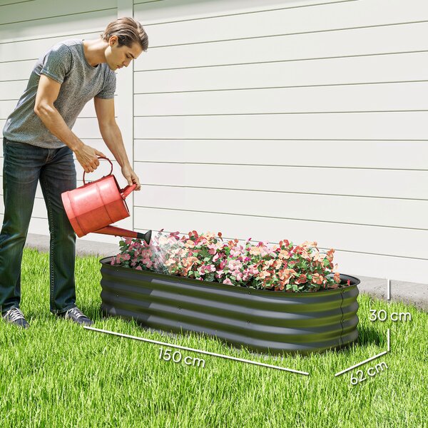Outsunny Galvanised Raised Garden Bed, Metal Planter Box with Safety Edging, for Flowers, Herbs, Succulents, Dark Grey