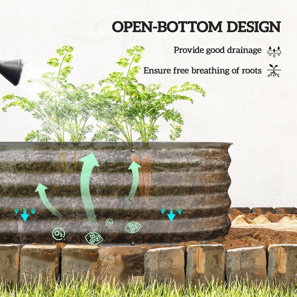 Outsunny Galvanised Raised Garden Bed, Metal Planter Box with Safety Edging, for Flowers, Herbs, Succulents, Dark Grey